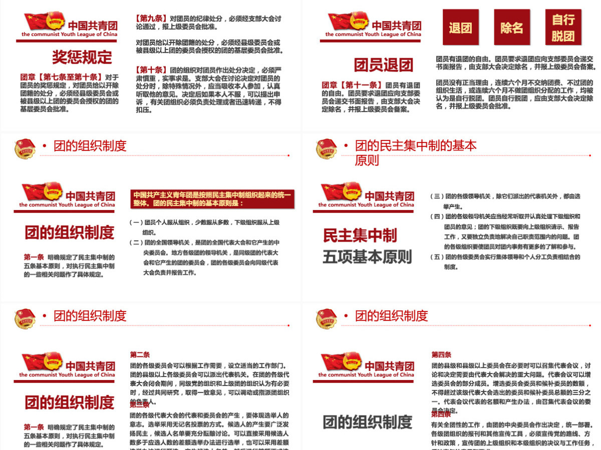 中国共青团团章学习解读红色大气共青团团支部主题党课课件模板PPT