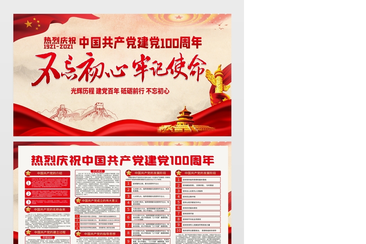 2021不忘初心牢记使命热烈庆祝建党100周年展板设计模板