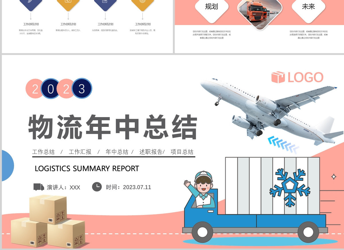 2023物流行业年中总结计划蓝色沉静简洁风物流部经理物流公司下半年工作计划述职报告PPT