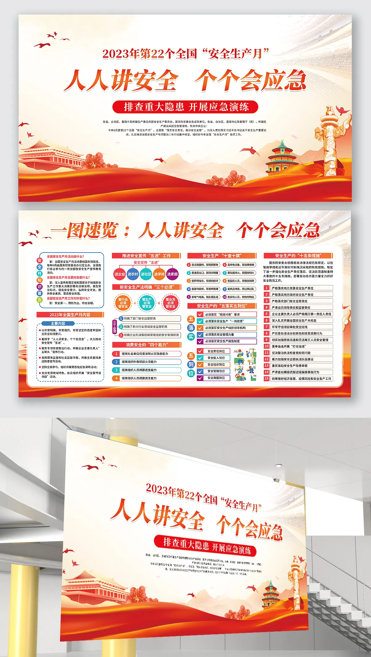 2023年全国安全生产月内容一图速览人人讲安全个个会应急展板设计