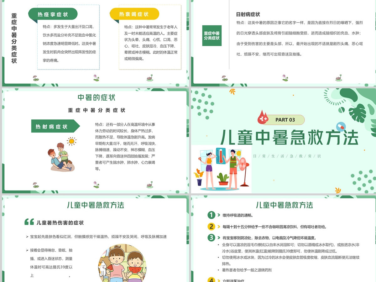 2022现场急救之中暑急救蓝色卡通风生活急救小常识课件模板PPT