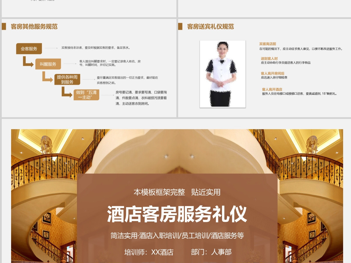 棕色框架完整接近实用酒店客房服务礼仪培训PPT模版