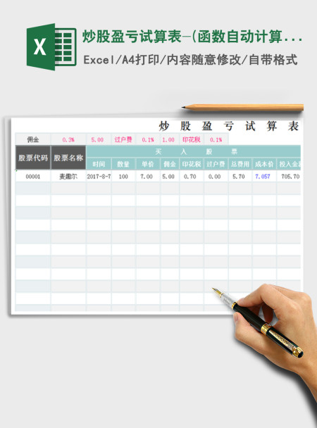 2021年炒股盈亏试算表-(函数自动计算) 2021年炒股盈亏试算表-(函数自动计算)