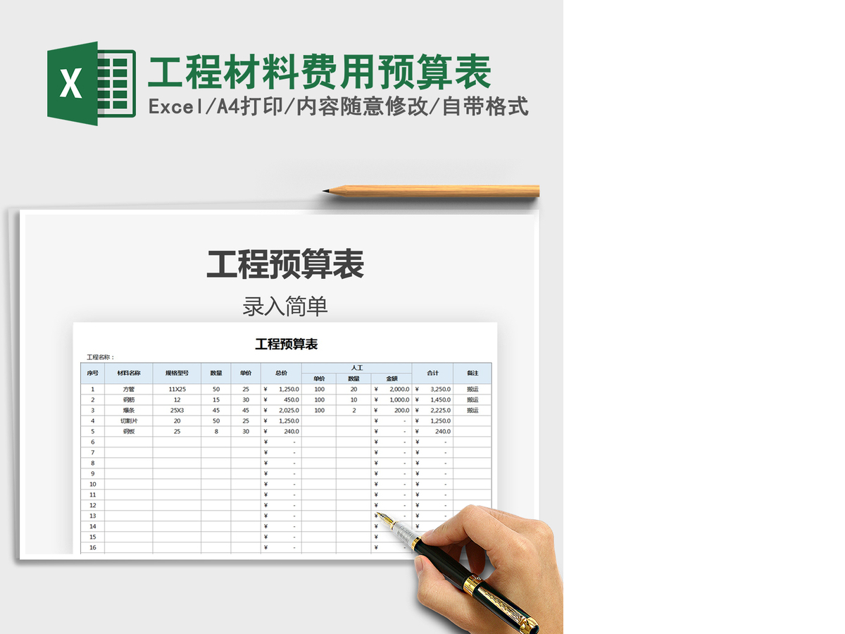 2021年工程材料费用预算表