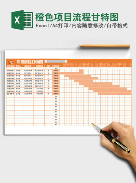 橙色项目流程甘特图Excel模板