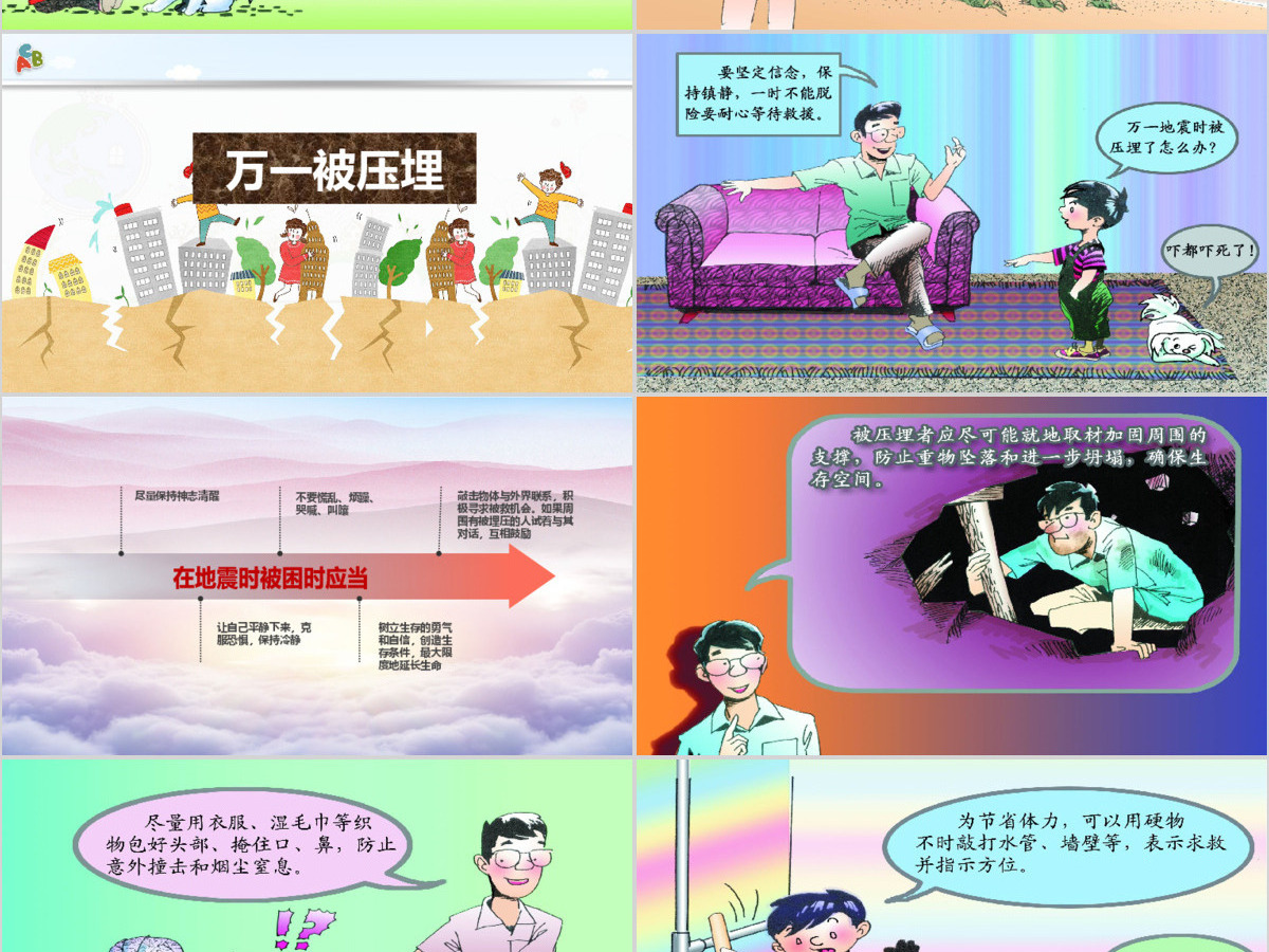 多彩卡通防震救灾应急知识宣传活动PPT模板
