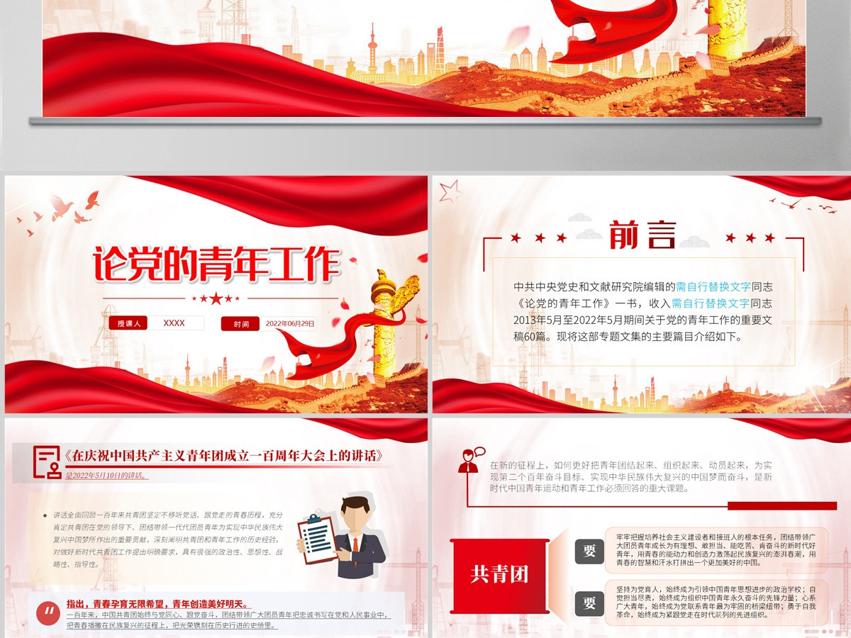 红色党政风《论党的青年工作》主要篇目课件模板PPT-含讲稿 红色党政风《论党的青年工作》主要篇目课件模板PPT-含讲稿