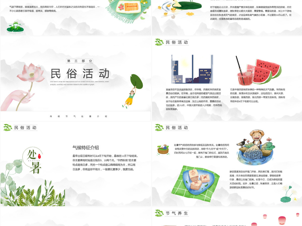 原创小清新校园文化教育传统中国二十四节气之处暑节气相关知识PPT模板