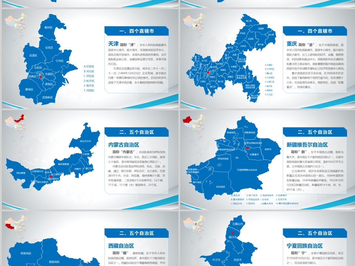 最新最全蓝色简约可编辑中国政区地图PPT模板