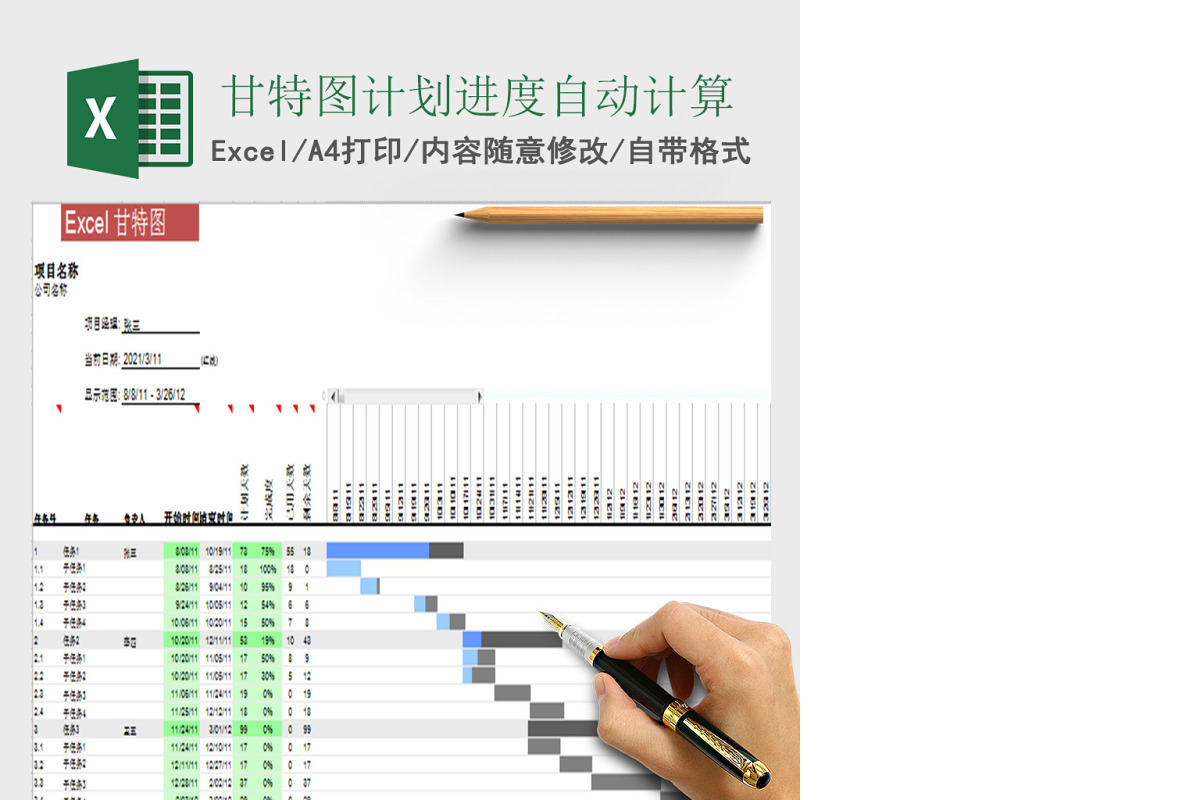 甘特图模板计划进度自动计算Excel表格模板