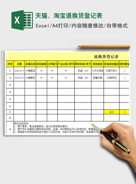 2021年天猫、淘宝退换货登记表 2021年天猫、淘宝退换货登记表