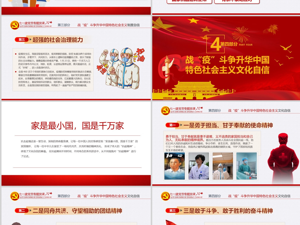 七一党课在中外战疫对比中升华四个自信PPT模板-含讲稿