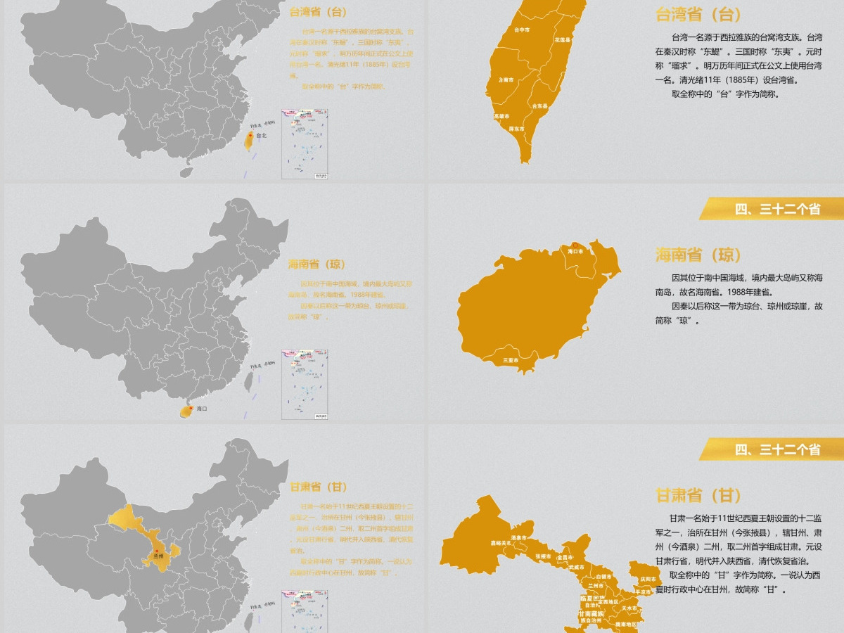 灰底亮丽黄中国地图各省份矢量地图PPT图表合集