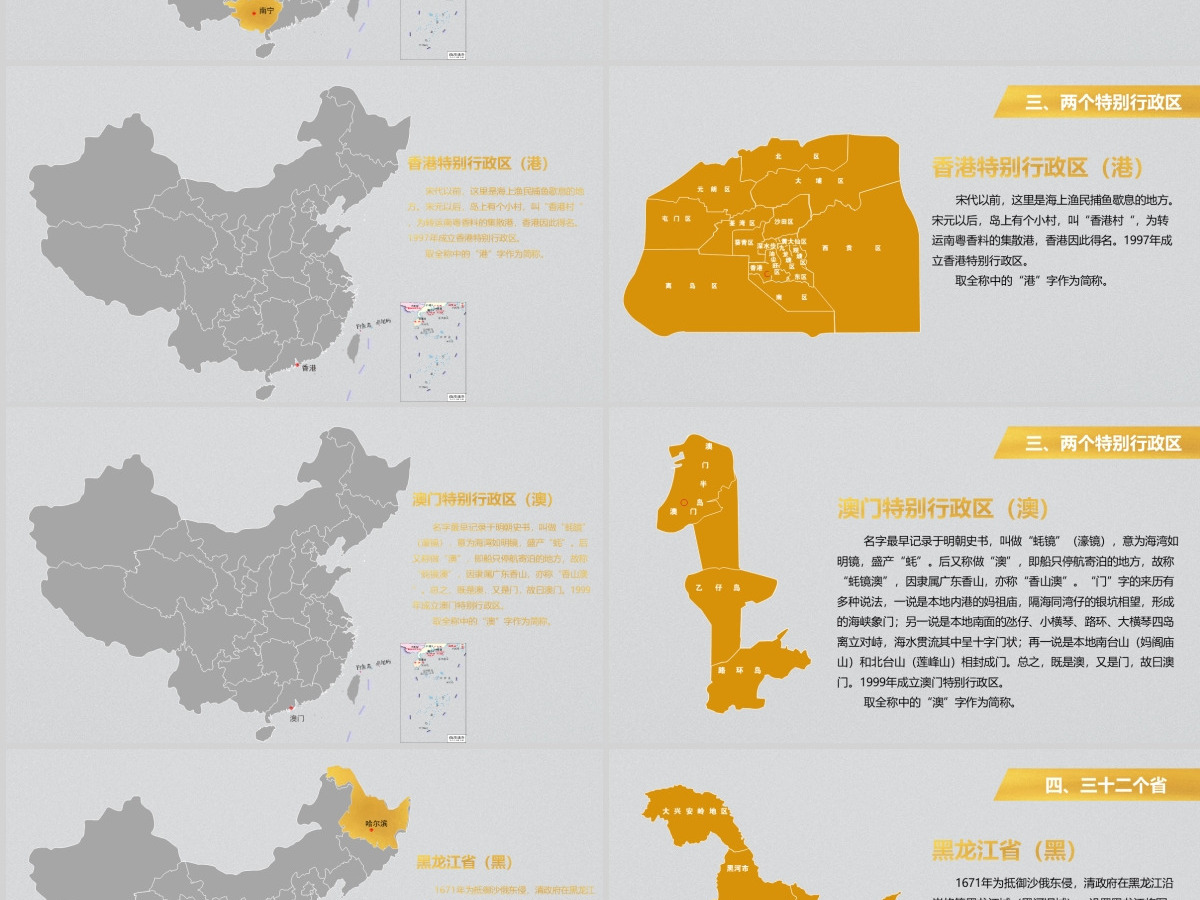 灰底亮丽黄中国地图各省份矢量地图PPT图表合集