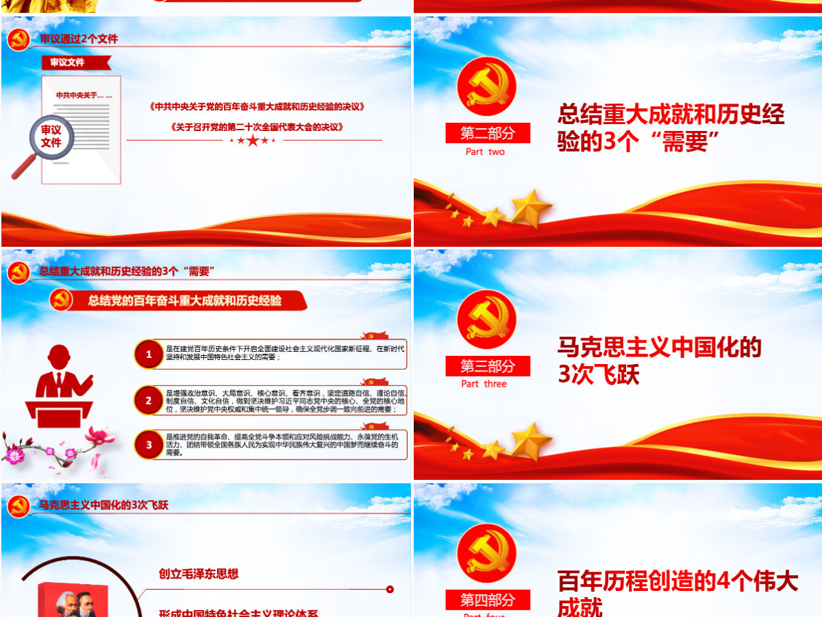 数览十九届六中全会红色大气十九届六中全会公报内容党员学习党课课件PPT-含讲稿
