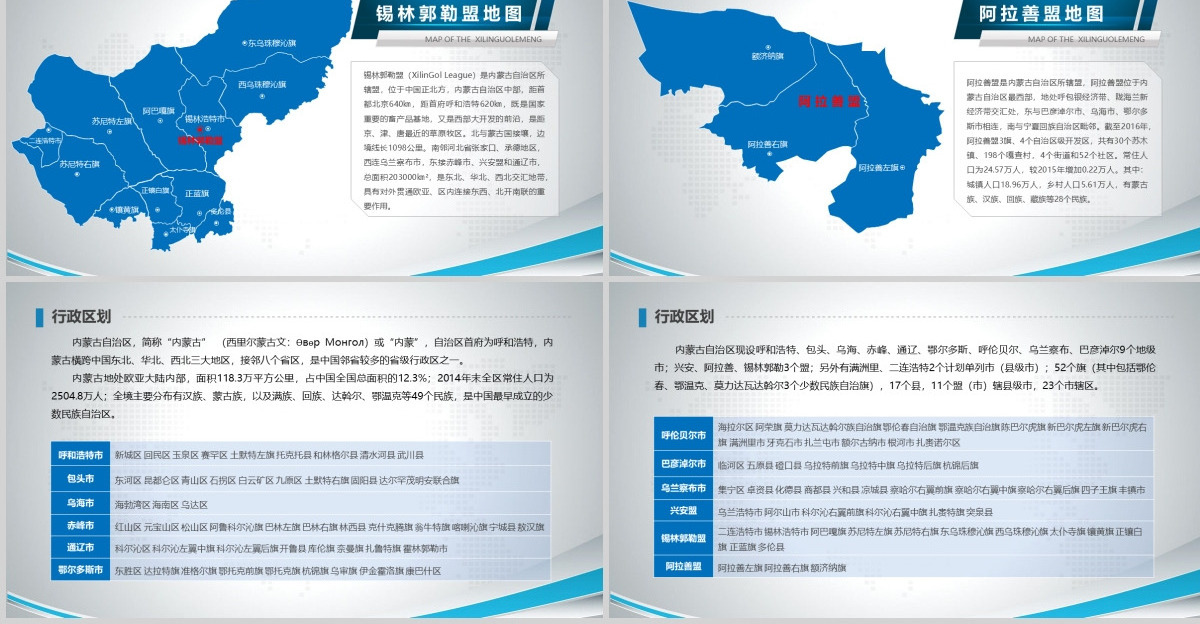原创蓝色矢量内蒙古自治区政区地图PPT模板,可编辑中国地图
