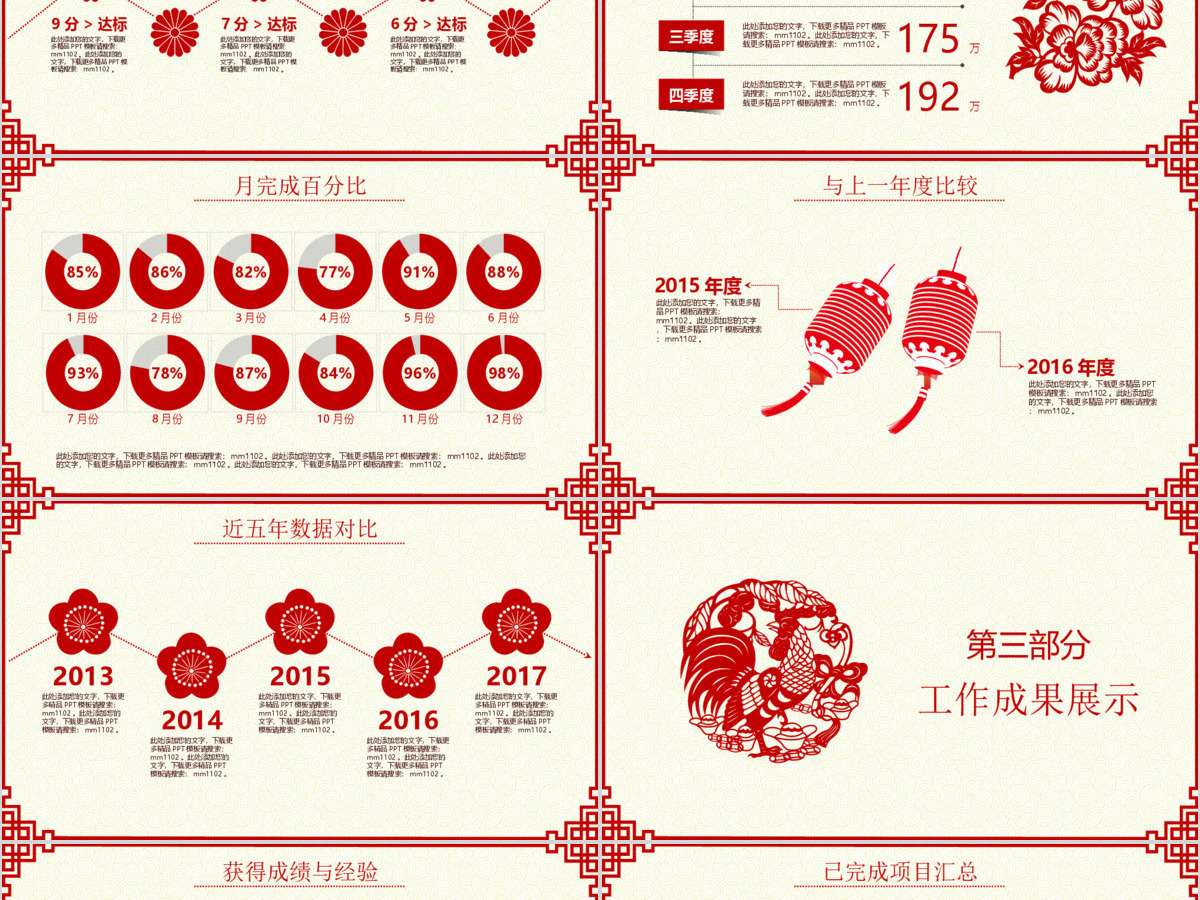 2017鸡年中国风红色剪纸总结计划ppt模板