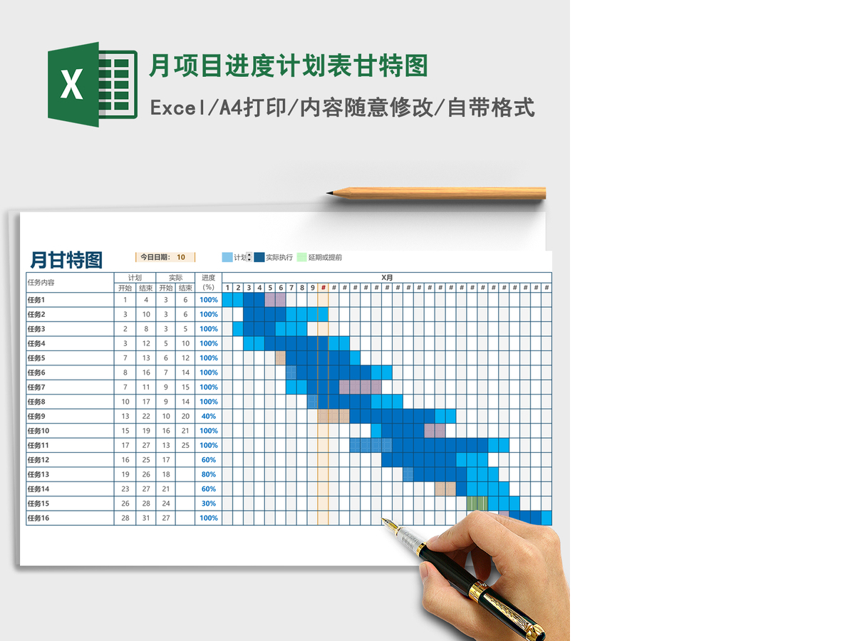 月项目进度计划表甘特图Excel表格模板