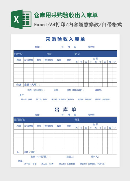 仓库用采购验收出入库单