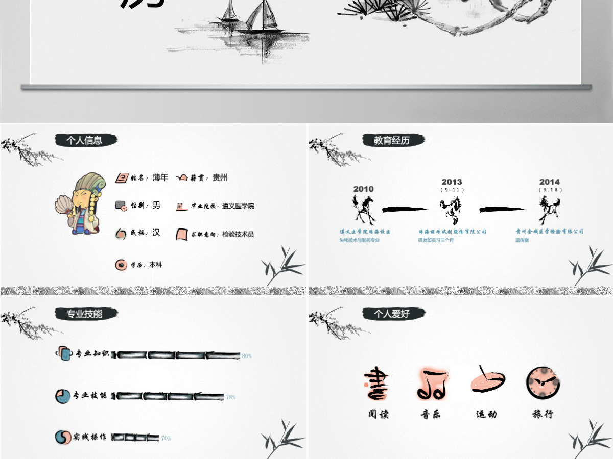 水墨山水 轻舟 大雁——墨韵中国风个人简历ppt模板 水墨山水 轻舟 大雁——墨韵中国风个人简历ppt模板