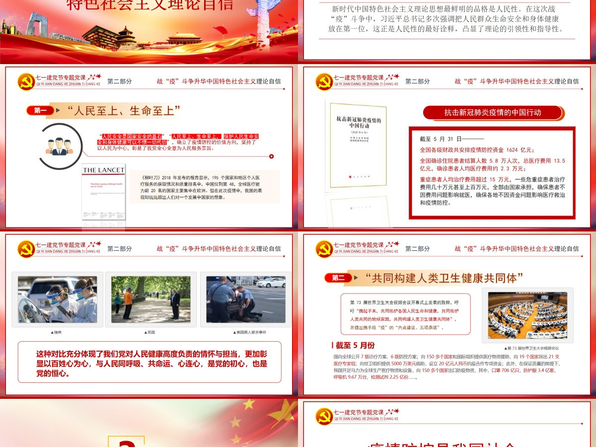 七一党课在中外战疫对比中升华四个自信PPT模板-含讲稿