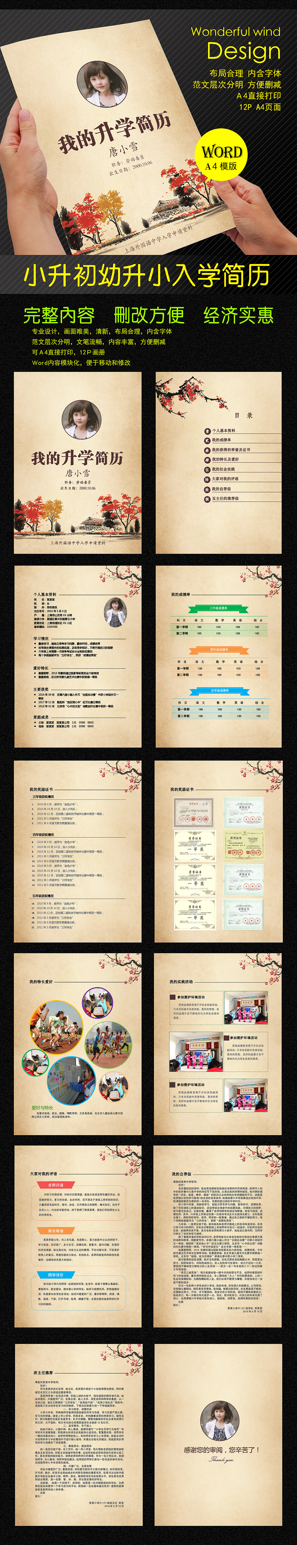 中国风水墨小升初Word简历模版