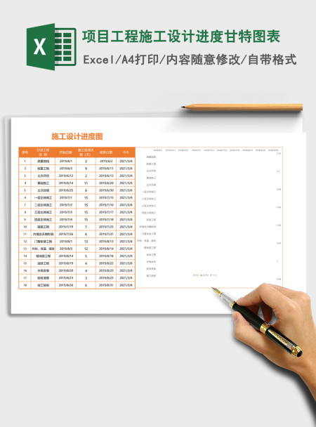 项目工程施工设计进度甘特图表Excel表格模板