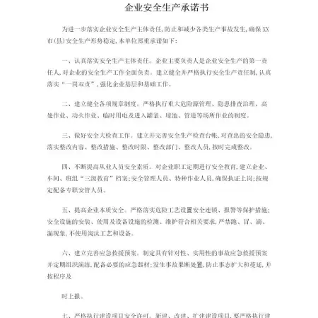 生产企业安全生产承诺书(范本)