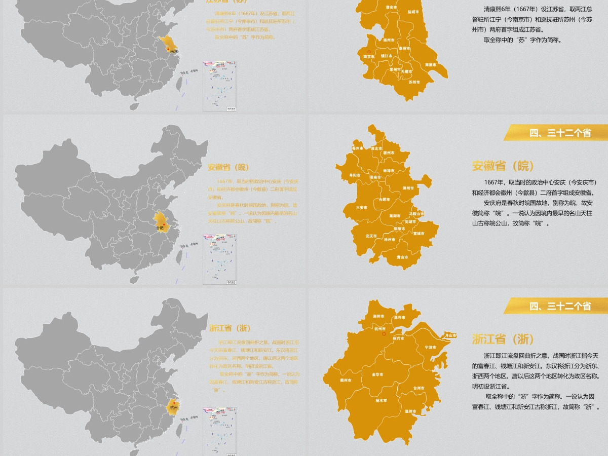 灰底亮丽黄中国地图各省份矢量地图PPT图表合集