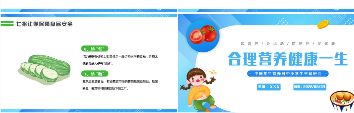 2022合理营养健康一生卡通风中国学生营养日主题班会课件模板PPT