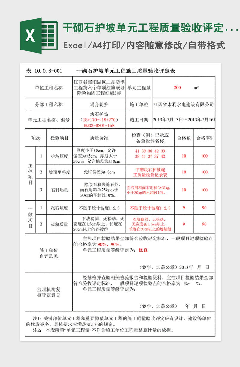 2021年干砌石护坡单元工程质量验收评定表 2021年干砌石护坡单元工程质量验收评定表