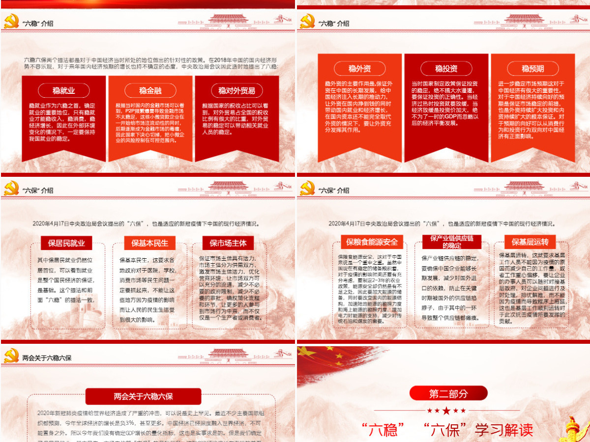 大气红色六稳六保党课学习PPT模板