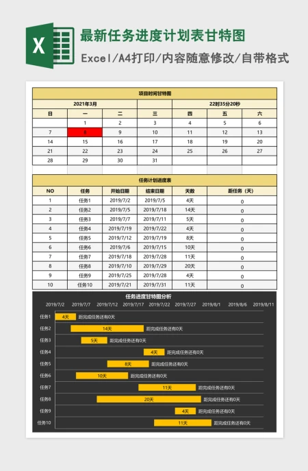 最新任务进度计划表甘特图Excel模板