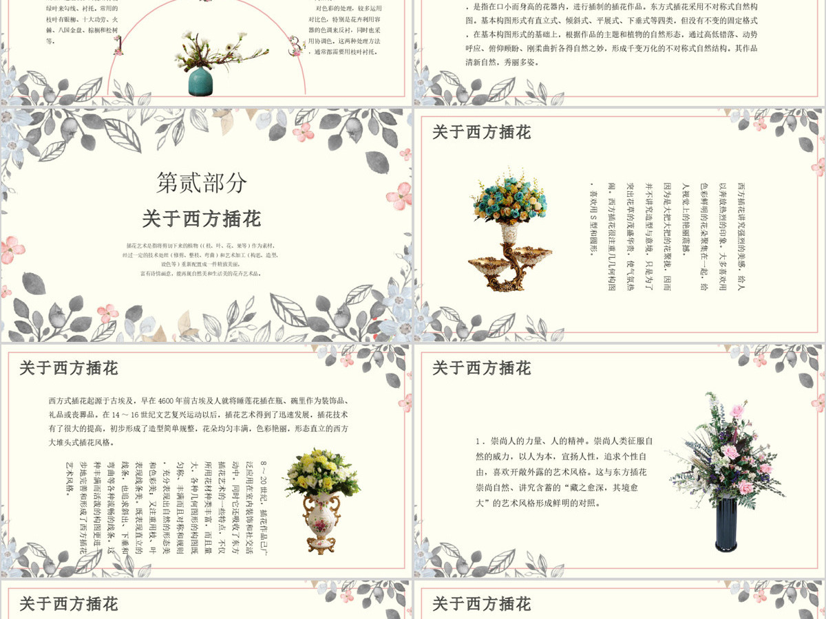 创意手绘植物鲜花之浅析东西方插花艺术PPT模板 创意手绘植物鲜花之浅析东西方插花艺术PPT模板