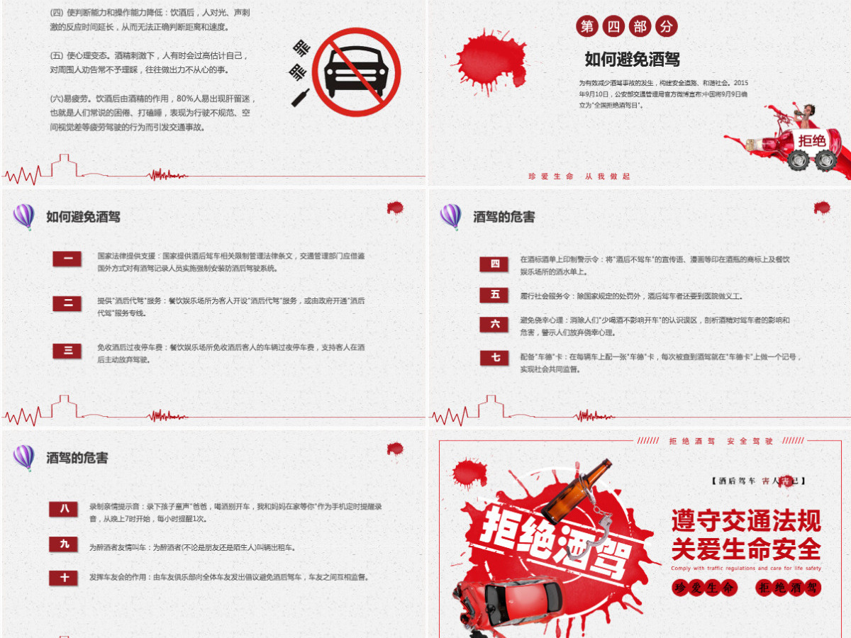 简约卡通插画拒绝酒驾遵守交通法规关爱生命安全ppt