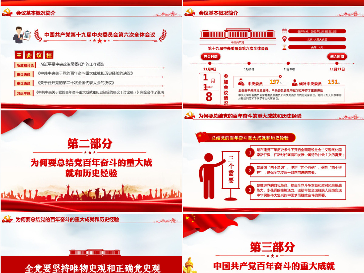 全面总结学习党的百年奋斗重大成就和历史经验简洁风十九届六中全会公报内容介绍党课课件PPT-含讲稿
