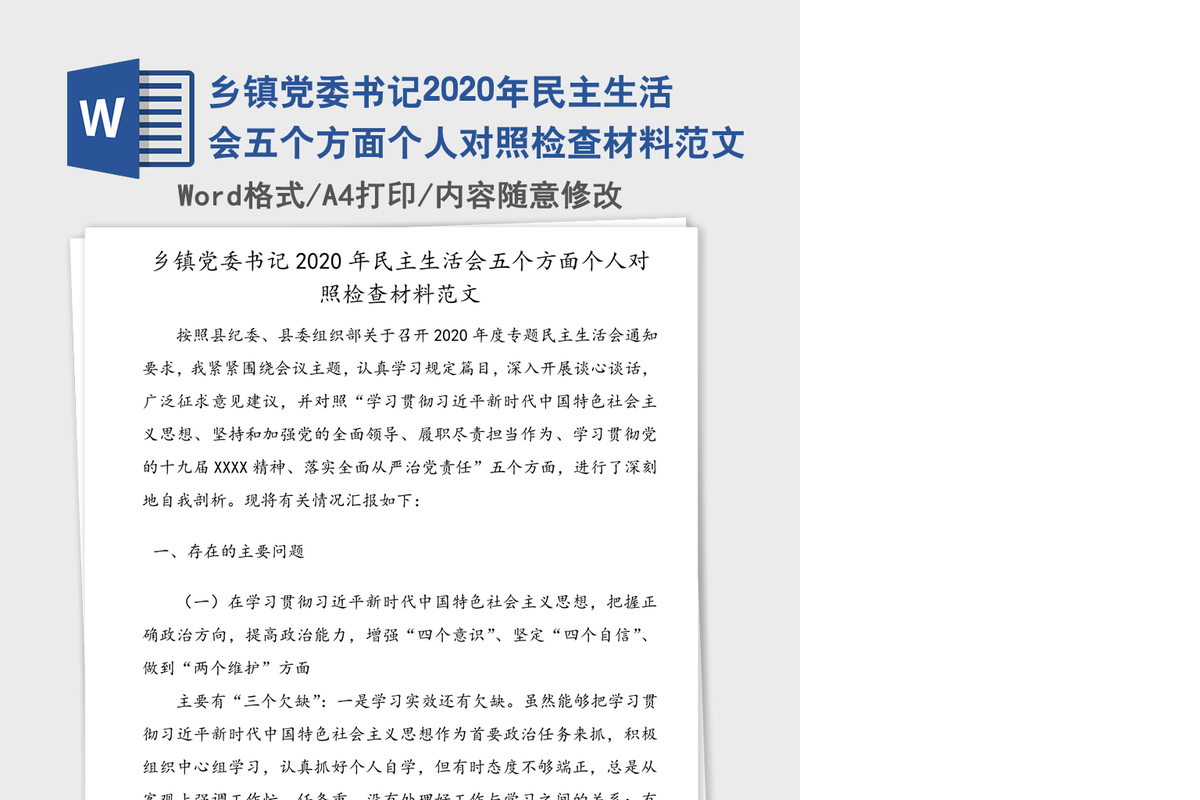 乡镇党委书记2020年民主生活会五个方面个人对照检查材料范文