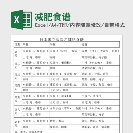 减肥食谱Excel表