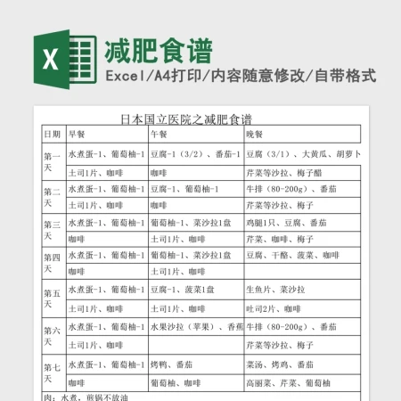 减肥食谱Excel表