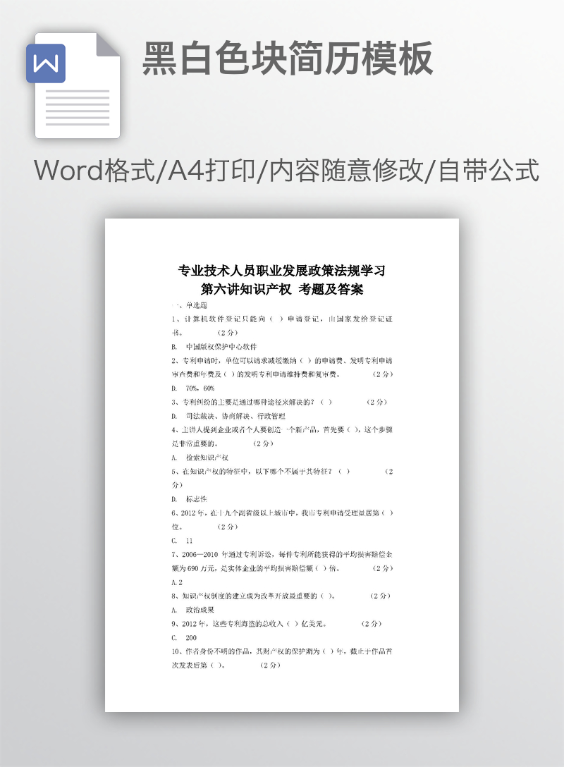 黑白色块简历模板
