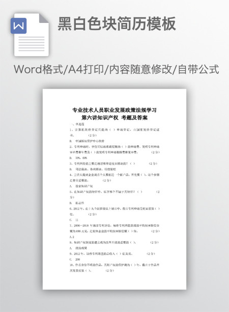 黑白色块简历模板