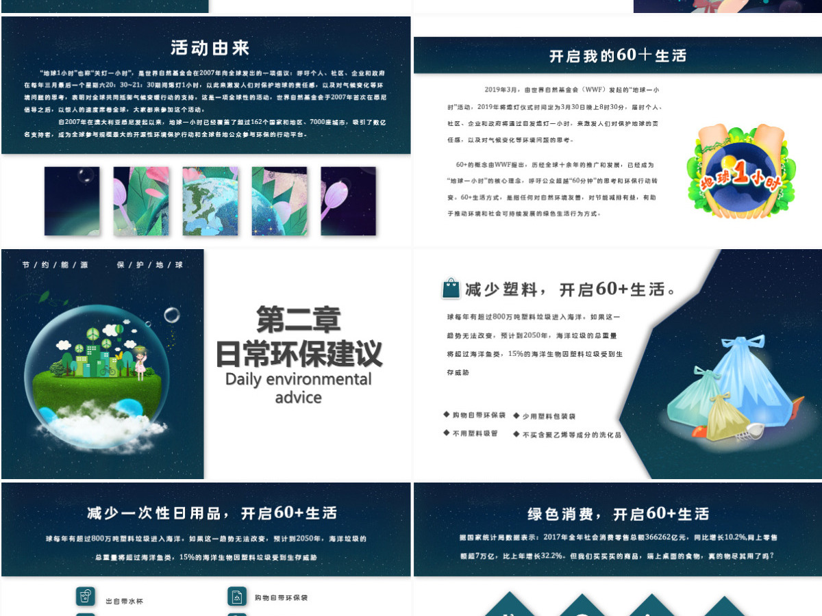 地球一小时简洁科技风节约能源保护地球倡导低碳生活活动介绍模板PPT