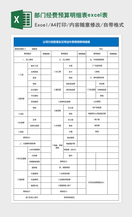 部门经费预算明细表excel表