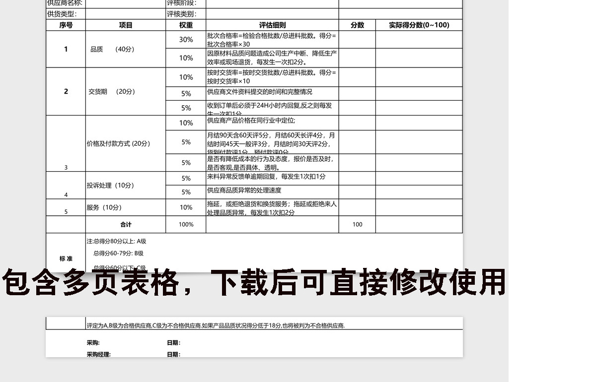 采购供应商考核评估系统ExceL表格
