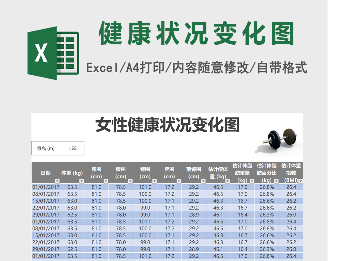 女性健康状况变化图健身计划excel模板