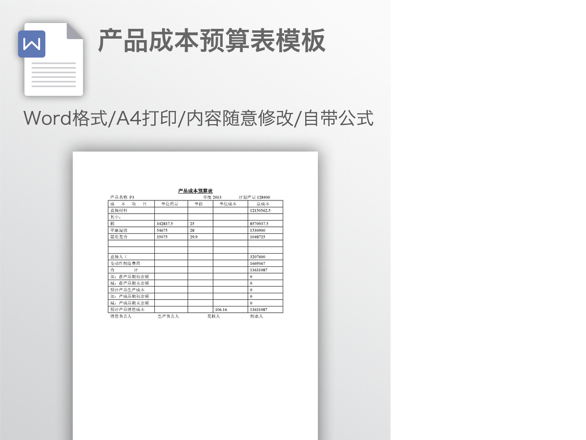 产品成本预算表模板 产品成本预算表模板