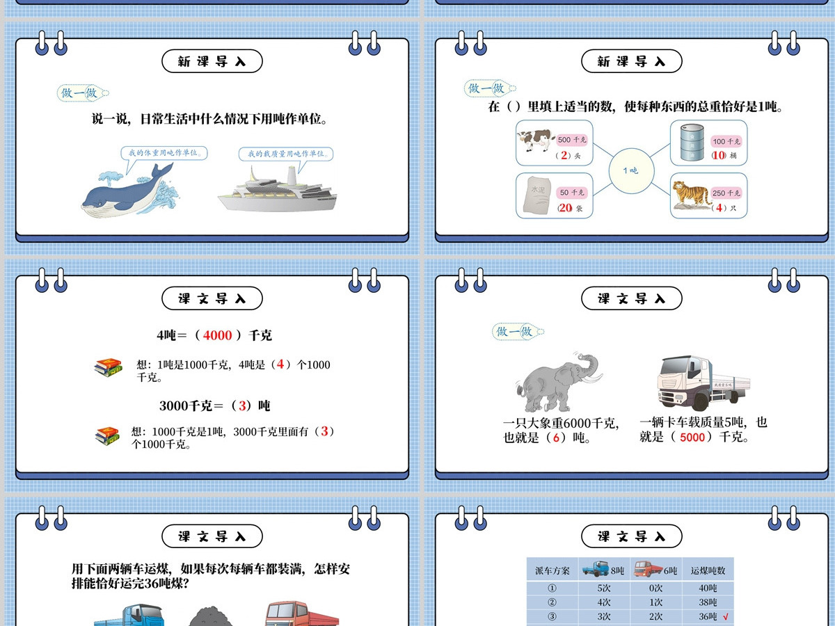 人教版三年级数学上册：第三章节《测量》吨的认识课件PPT模板-含教案