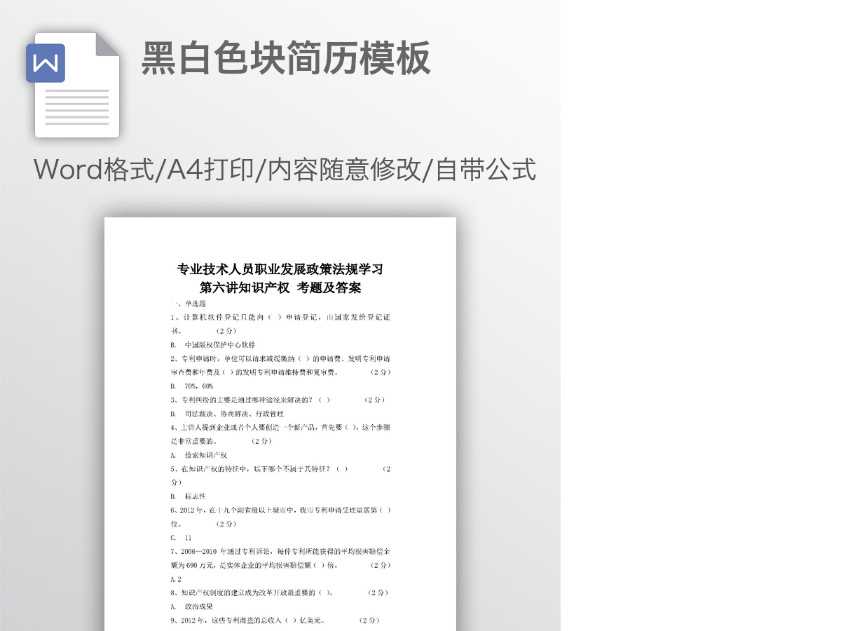 黑白色块简历模板