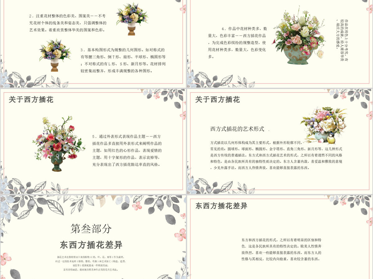 创意手绘植物鲜花之浅析东西方插花艺术PPT模板 创意手绘植物鲜花之浅析东西方插花艺术PPT模板