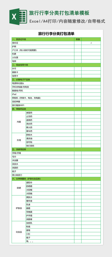 旅行行李分类打包清单excel表格模板 旅行行李分类打包清单excel表格模板